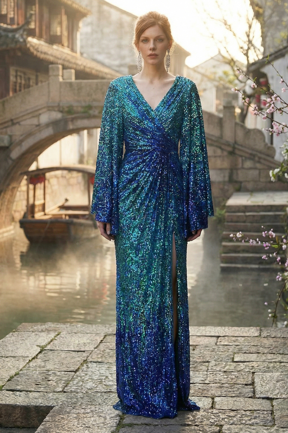 HORIZON BLUE OMBRE PAILLETTE EMBROIDERED TULLE V-NECK GOWN WITH LONG CASCADING BELL SLEEVES