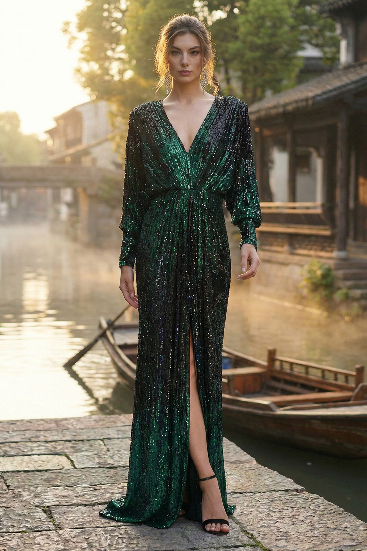 SEAGRASS OMBRE PAILLETTE EMBROIDERED TULLE V-NECK WRAP ILLUSION GOWN WITH LONG DOLMAN SLEEVES
