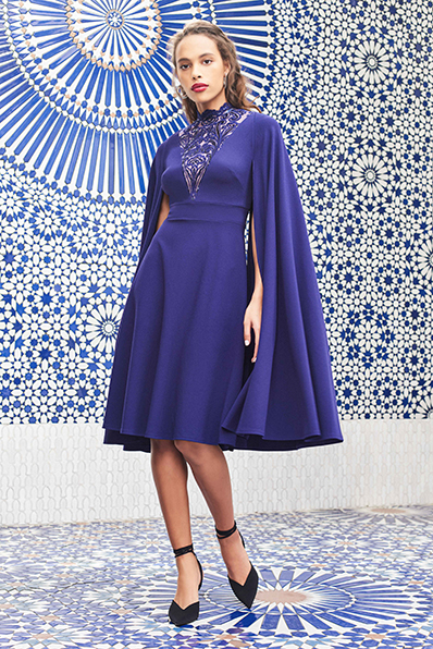 TEXTURED CREPE AND PAISLEY MOTIF PAILLETTE EMBROIDERED TULLE DRESS WITH SET IN CAPE