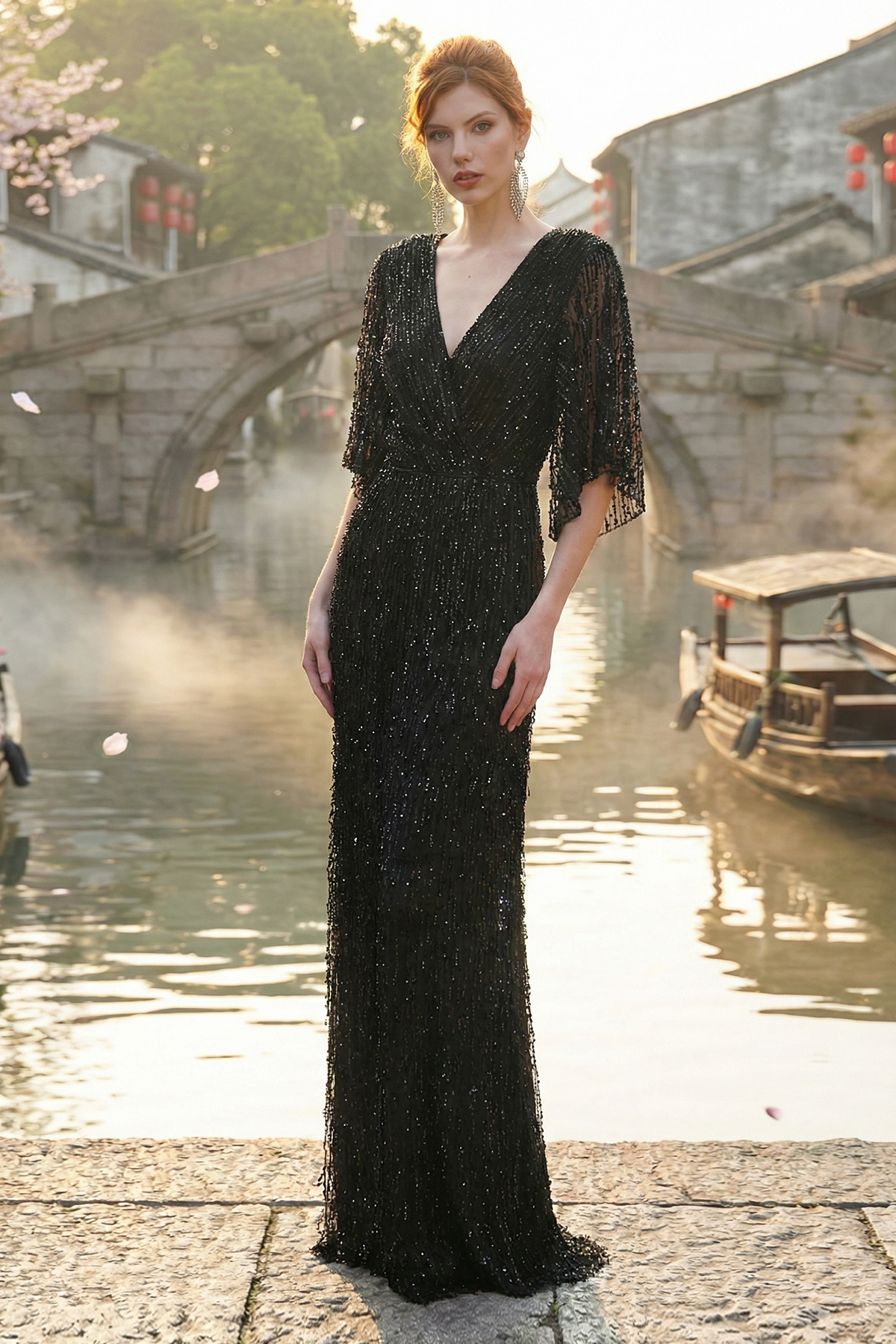 BLACK PEARL DROP EMBROIDERED TULLE V-NECK GOWN WITH SHORT FLUTTER SLEEVES