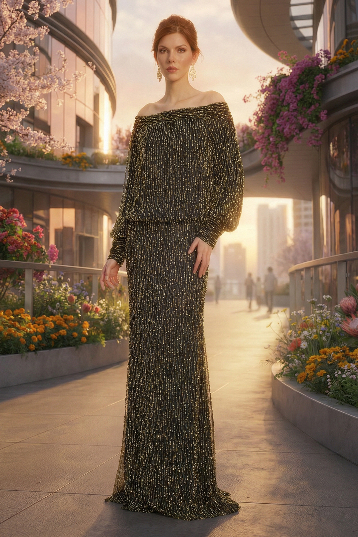 COPPER SHADOW BLACK PEARL DROP EMBROIDERED TULLE OFF-THE-SHOULDER BLOUSON GOWN WITH LONG BALLOON SLEEVES