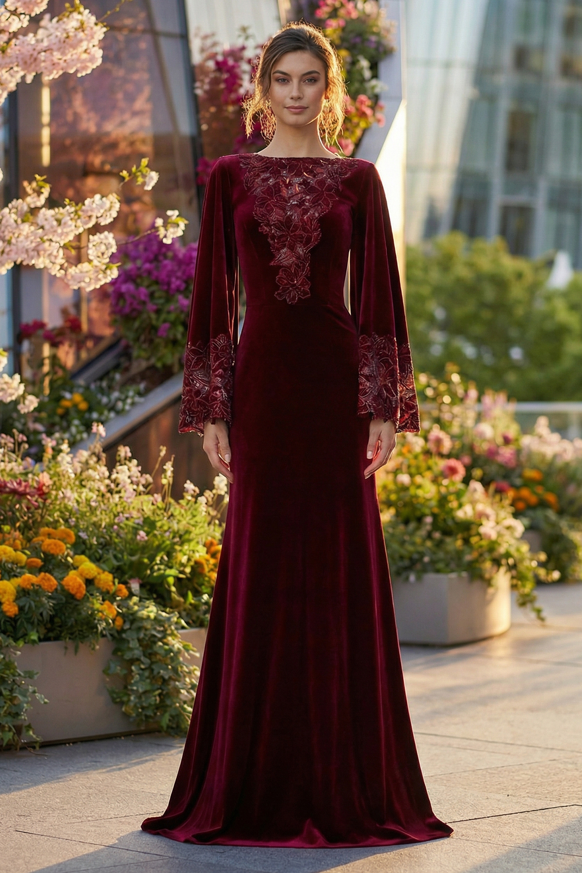 WINE LASER CUT VELVET EMBROIDERY GOWN WITH LONG BELL SLEEVES