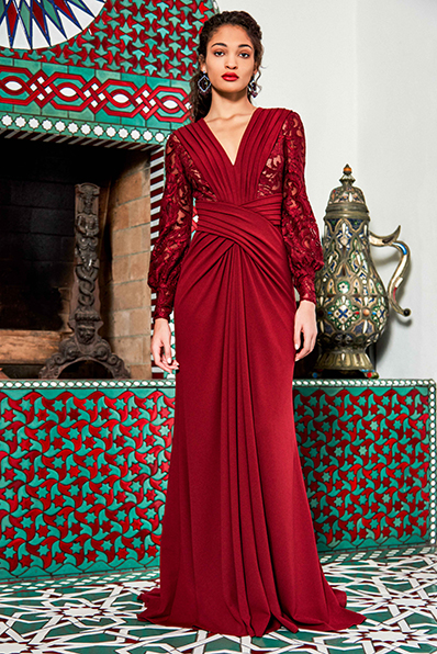 TEXTURED CREPE AND PAISLEY MOTIF GIMP LACE GOWN WITH LONG BISHOP SLEEVES