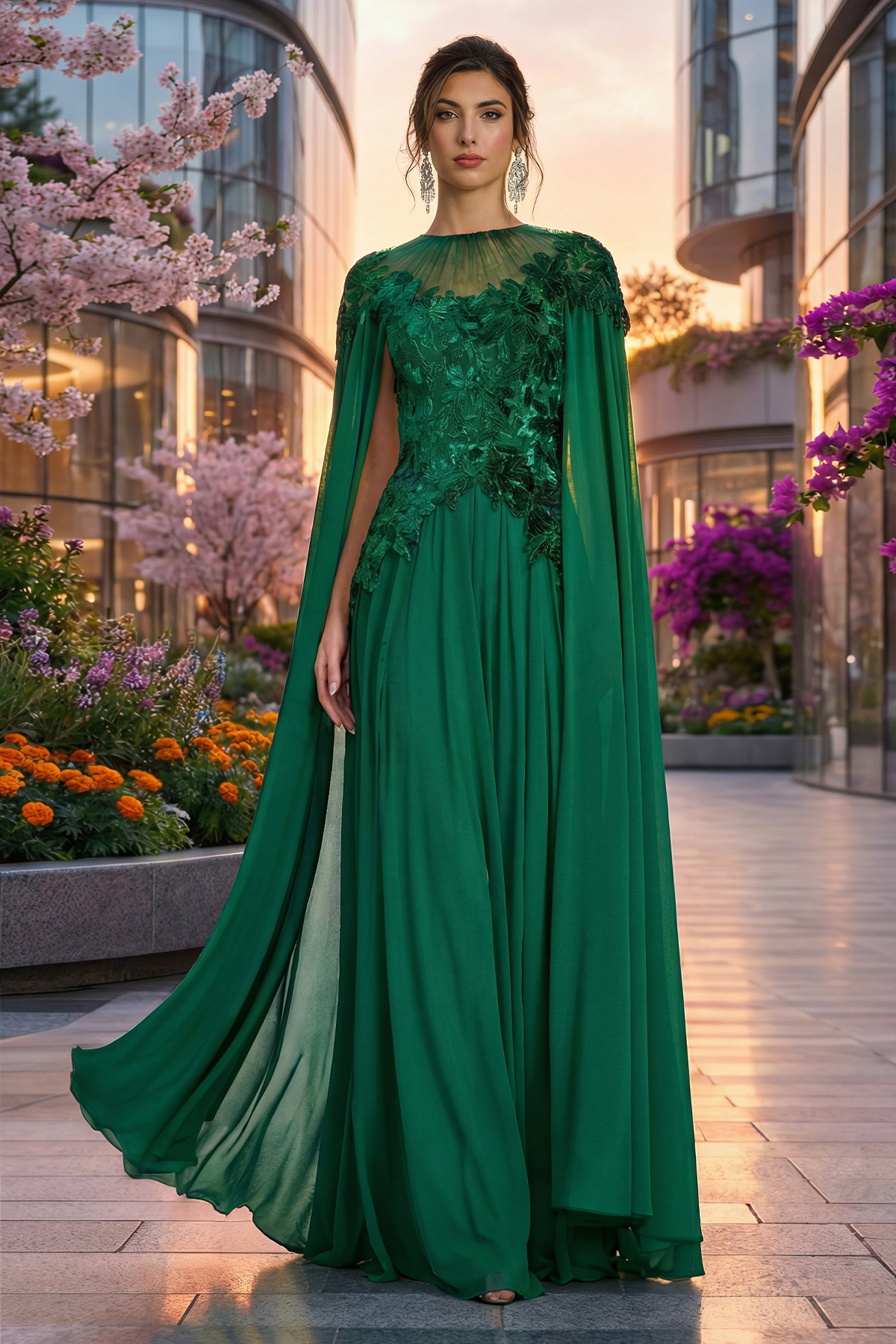 SEAGRASS LASER CUT VELVET EMBROIDERY AND GEORGETTE A-LINE GOWN WITH SUNBURST TULLE NECKLINE AND SWEEPING CAPE