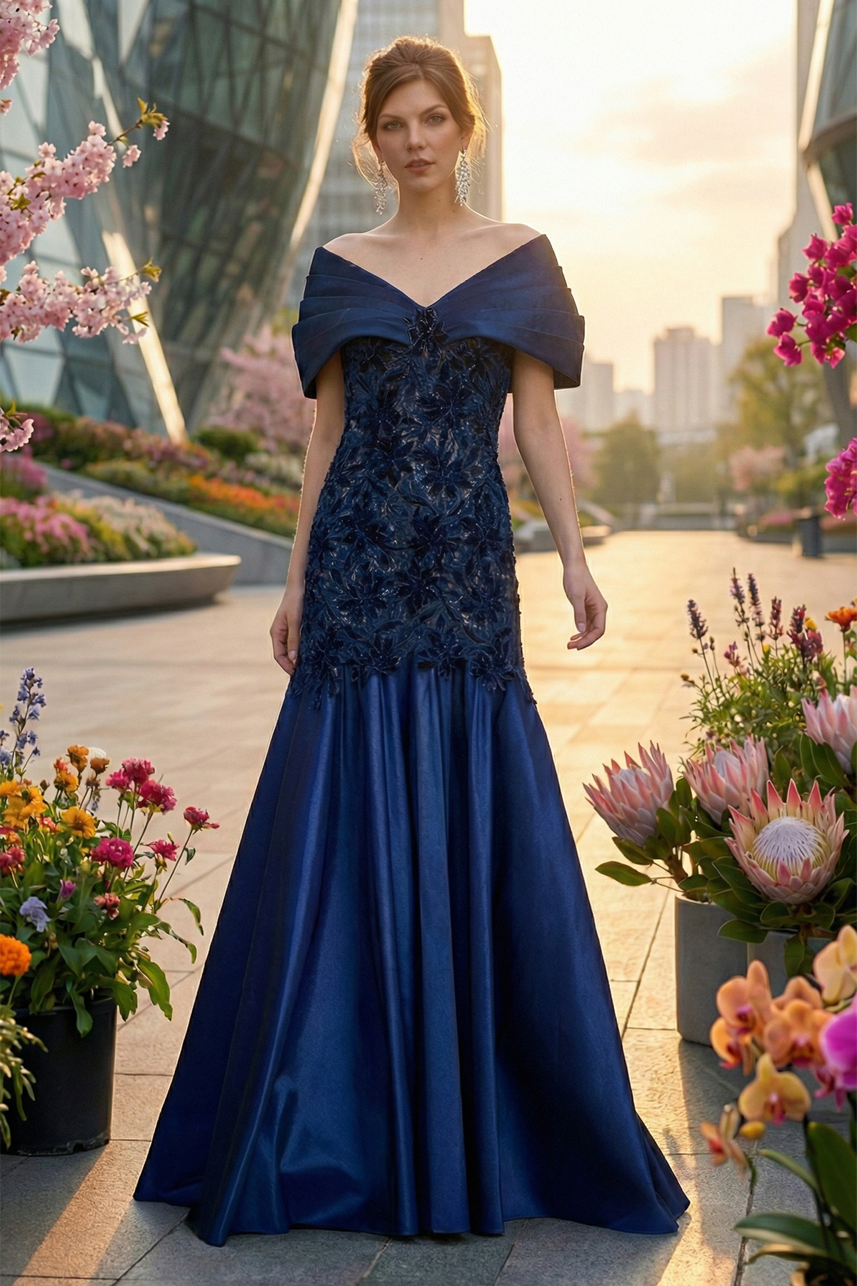 NAVY NUDE LASER CUT VELVET EMBROIDERY AND TAFFETA OFF-THE-SHOULDER FIT AND FLARE GOWN