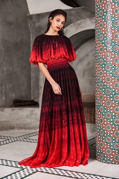 OMBRÉ MOSAIC PRINT MESH GOWN WITH BLOUSON TOP AND SLEEVES