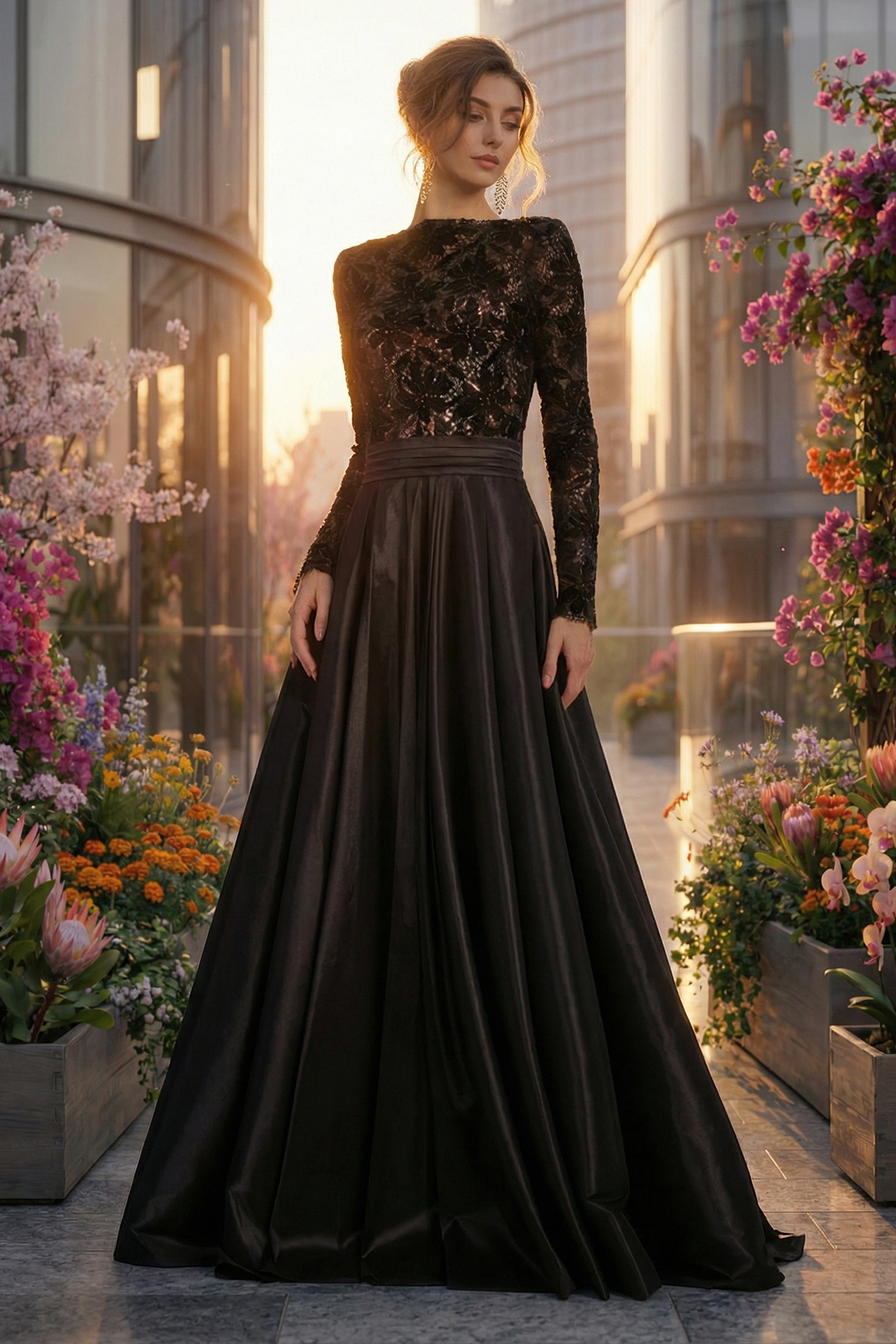 BLACK NUDE LASER CUT VELVET EMBROIDERY AND TAFFETA LONG SLEEVE A-LINE GOWN