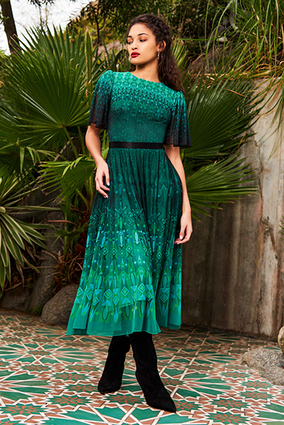 OMBRÉ MOSAIC PRINT DRAPED MESH SHORT SLEEVE MIDI DRESS