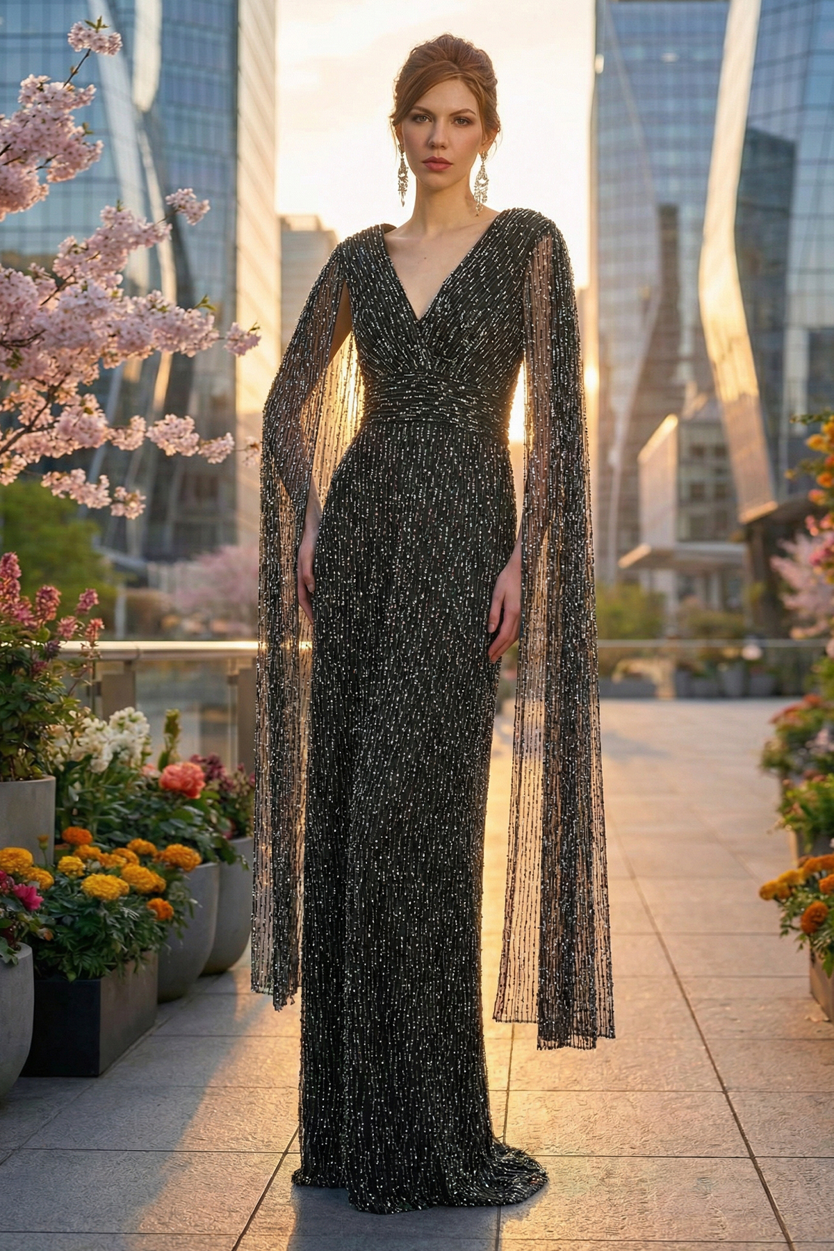 SILVER BLACK PEARL DROP EMBROIDERED TULLE V-NECK GOWN WITH LONG CAPE SLEEVES