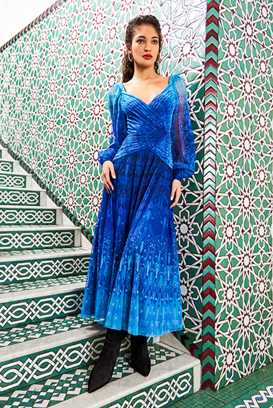 MOSAIC PRINT DRAPED MESH LONG-SLEEVE MIDI DRESS