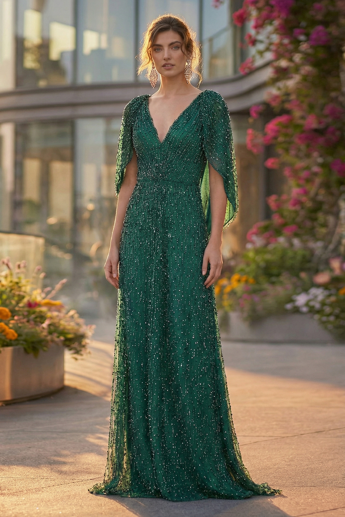 SEAGRASS PEARL DROP EMBROIDERED TULLE V-NECK GOWN WITH TULIP DRAPED BACK