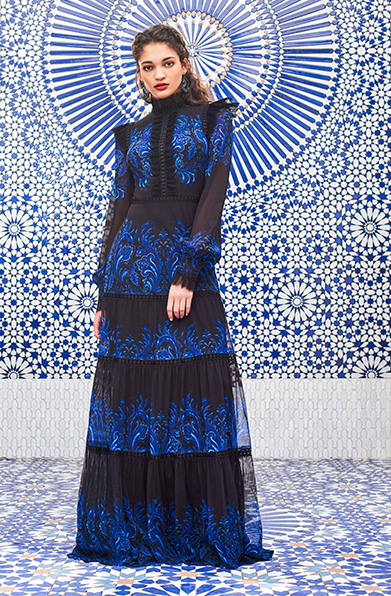 PAISLEY PRINT MESH AND RUFFLED LACE TRIM GOWN WITH LONG BISHOP SLEEVES