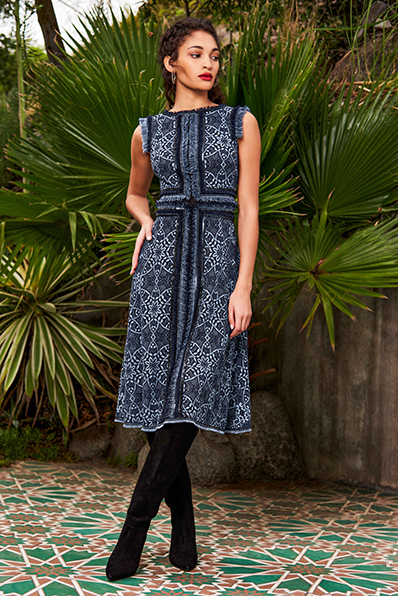 GLASS WINDOW MOTIF GIMP LACE SLEEVELESS A-LINE MIDI DRESS WITH FRINGE TRIM DETAIL
