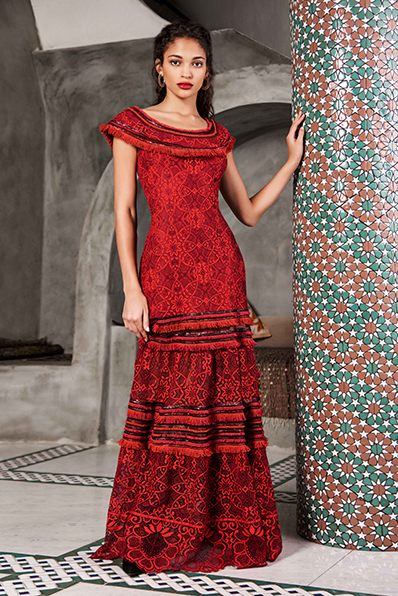 GLASS WINDOW MOTIF GIMP LACE CAP-SLEEVE SCOOP NECK GOWN WITH FRINGE TRIM DETAIL