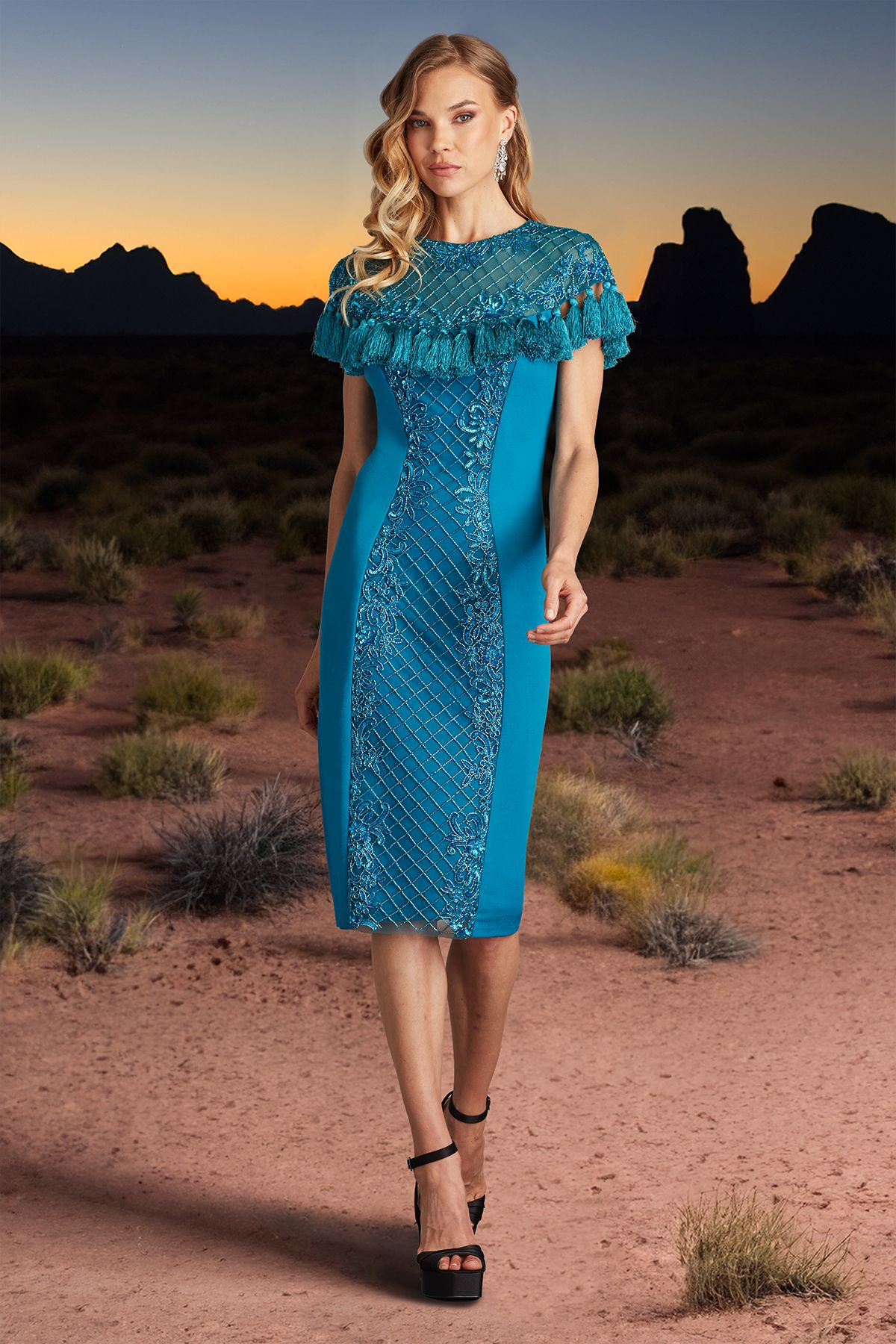 MARINE HAND BEADED TEXTURED CREPE CAP SLEEVE DRESS WITH TASSEL DETAIL
