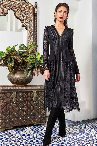 GLASS WINDOW MOTIF GIMP LACE LONG-SLEEVE A-LINE DRESS