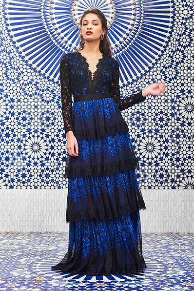PAISLEY PRINT MESH AND GIMP LACE LONG-SLEEVE TIERED GOWN