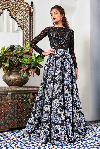 PAISLEY MOTIF LACE AND JACQUARD LONG-SLEEVE FULL SKIRT GOWN