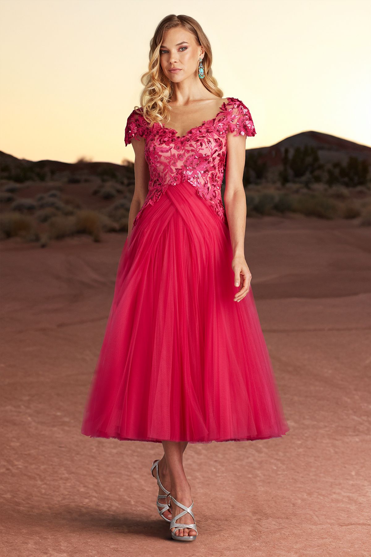 WILD FLOWER PAILLETTE EMBROIDERED TULLE CAP SLEEVE TEA-LENGTH DRESS
