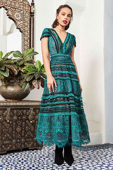 GLASS WINDOW MOTIF GIMP LACE CAP-SLEEVE MIDI DRESS WITH FRINGE TRIM DETAIL