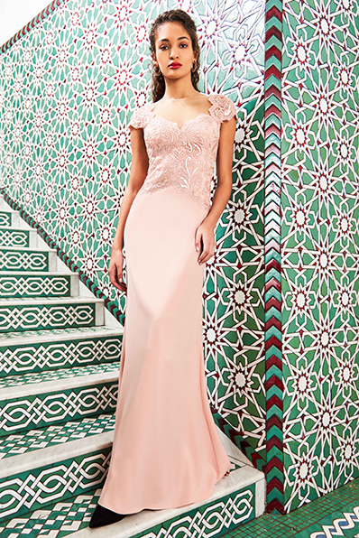 PAISLEY MOTIF PAILLETTE EMBROIDERED TULLE AND CREPE CAP-SLEEVE GOWN WITH SHEER ILLUSION NECKLINE