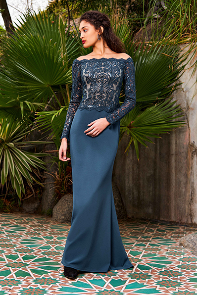 PAISLEY MOTIF PAILLETTE EMBROIDERED TULLE AND CREPE OFF-THE-SHOULDER LONG-SLEEVE GOWN