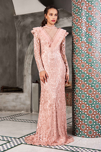 MOTIF PAILLETTE EMBROIDERED TULLE LONGSLEEVE GOWN WITH SHEER ILLUSION NECKLINE AND RUFFLE DETAIL