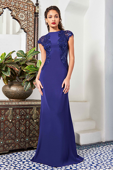 CREPE CAP-SLEEVE GOWN WITH PAISLEY MOTIF PAILLETTE EMBROIDERED APPLIQUÉ DETAIL