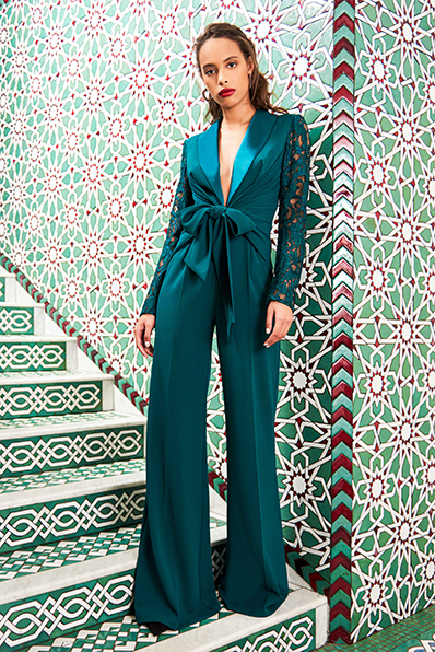 TEXTURED CREPE AND PAISLEY MOTIF LACE TUXEDO JUMPSUIT WITH SATIN LAPEL AND WRAPPED WAIST DETAIL