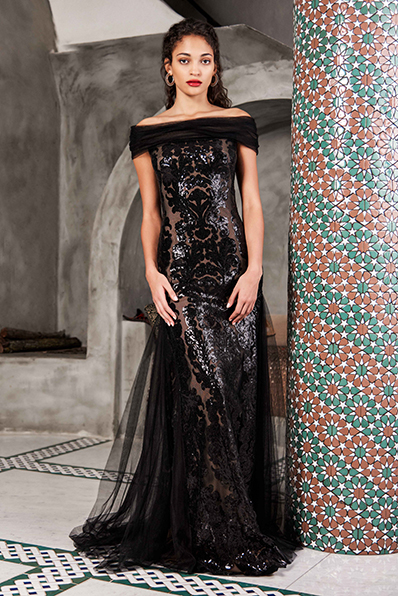 PAISLEY MOTIF PAILLETTE EMBROIDERED TULLE OFF-THESHOULDER GOWN