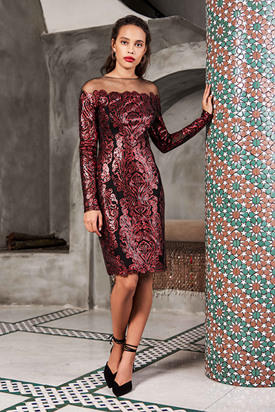 PAISLEY MOTIF PAILLETTE EMBROIDERED TULLE OFF-THESHOULDER ILLUSION DRESS
