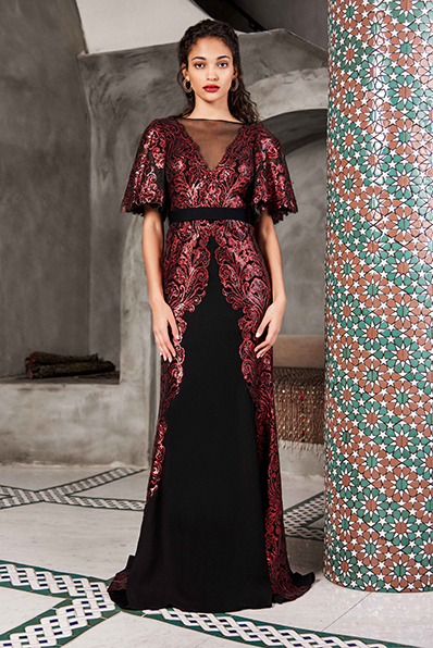 PAISLEY MOTIF PAILLETTE EMBROIDERED TULLE AND CREPE GOWN WITH FLUTTER SLEEVES AND SET IN RIBBON BELT