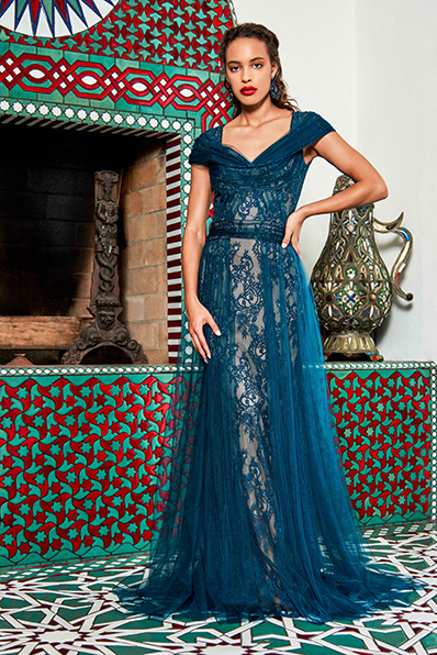 PAISLEY LACE CAP-SLEEVE GOWN WITH DRAPED TULLE OVERLAY