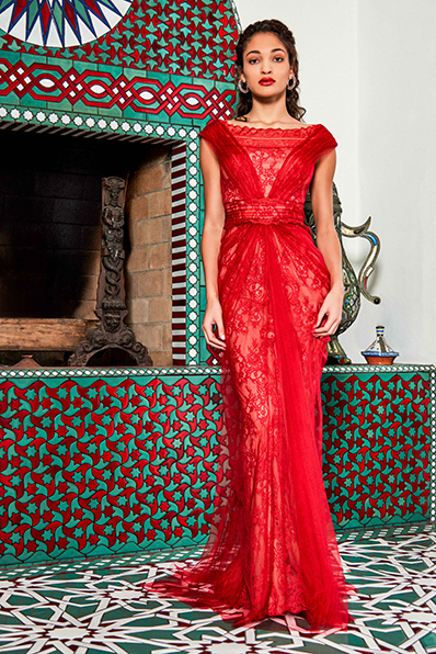PAISLEY LACE OFF-THE-SHOULDER GOWN WITH DRAPED TULLE OVERLAY