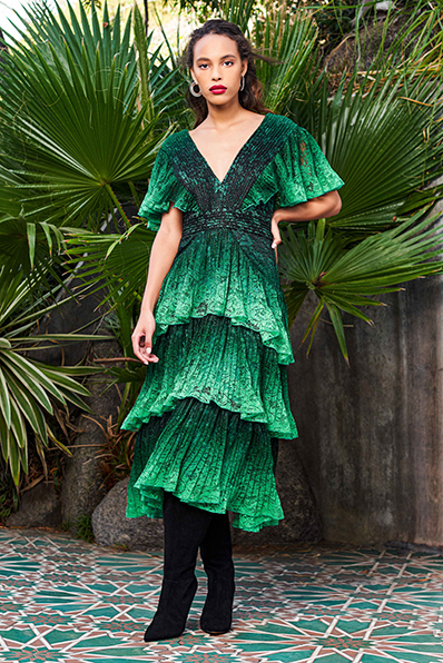OMBRÉ PLEATED LACE TIERED MIDI DRESS WITH FLUTTER SLEEVES