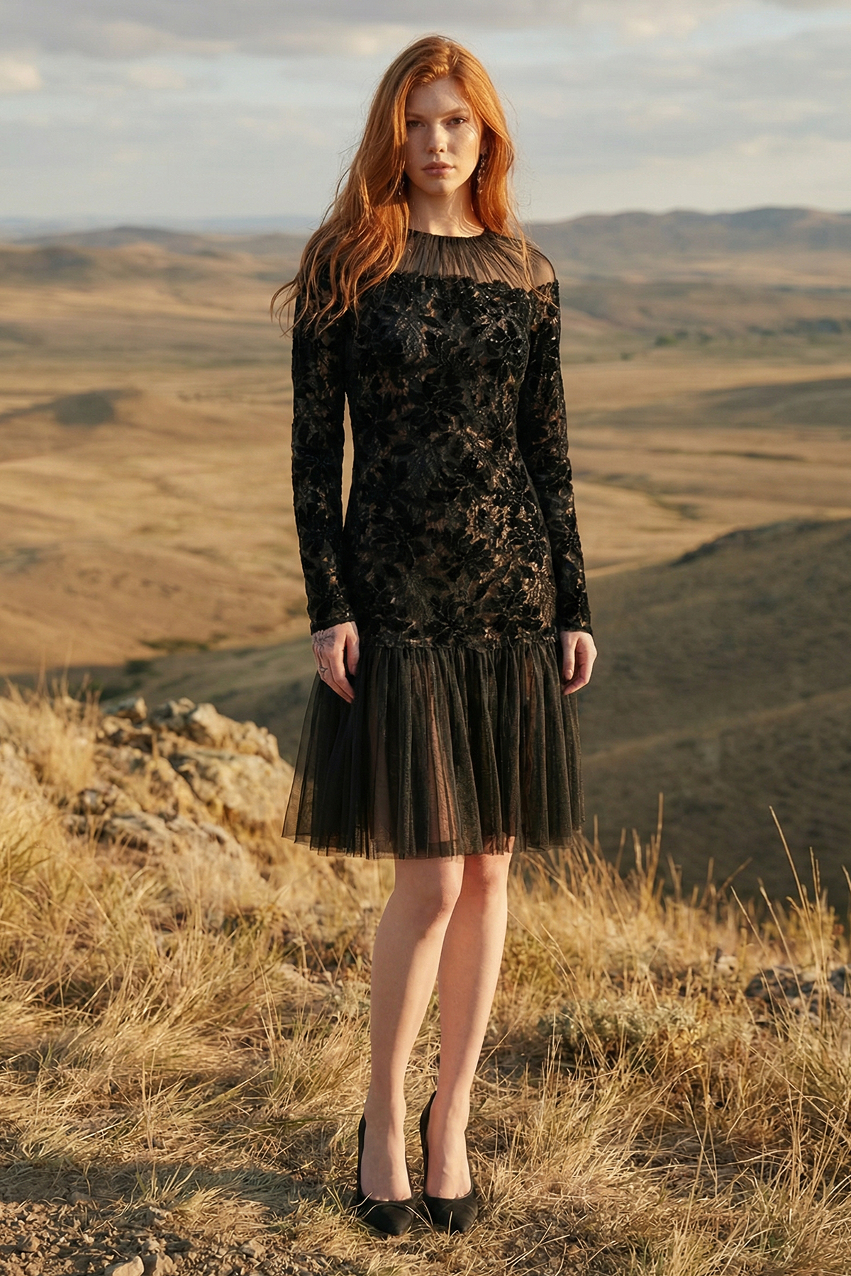 COLOR LASER CUT VELVET EMBROIDERY AND TULLE LONG SLEEVE FIT AND FLARE DRESS WITH SUNBURST NECKLINE