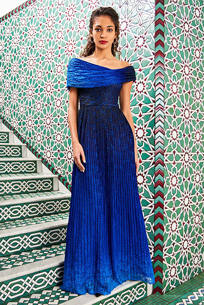 OMBRÉ PLEATED LACE OFF-THE-SHOULDER DRAPED GOWN