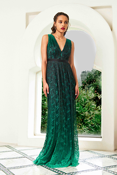 OMBRÉ PLEATED LACE SLEEVELESS V-NECK GOWN