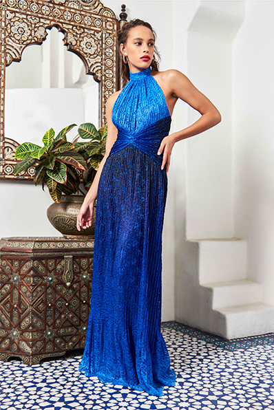 OMBRÉ PLEATED LACE SLEEVELESS MOCK NECK HALTER GOWN