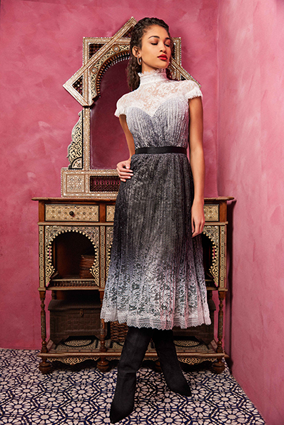OMBRÉ PLEATED LACE CAP-SLEEVE A-LINE MIDI DRESS