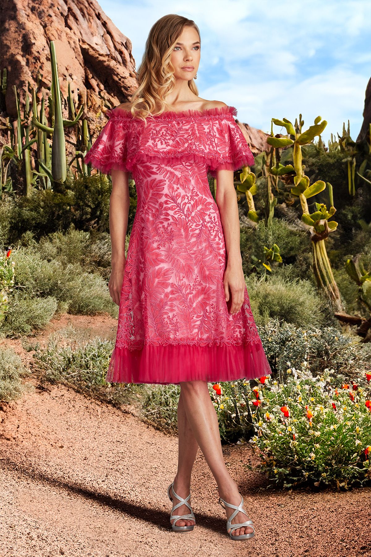 WILD FLOWER CORD EMBROIDERED TULLE OFF-THE-SHOULDER A-LINE DRESS