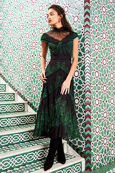 PAISLEY PRINT MESH AND LACE TRIM CAP-SLEEVE MIDI DRESS WITH SUNBURST PLEATED ILLUSION NECKLINE