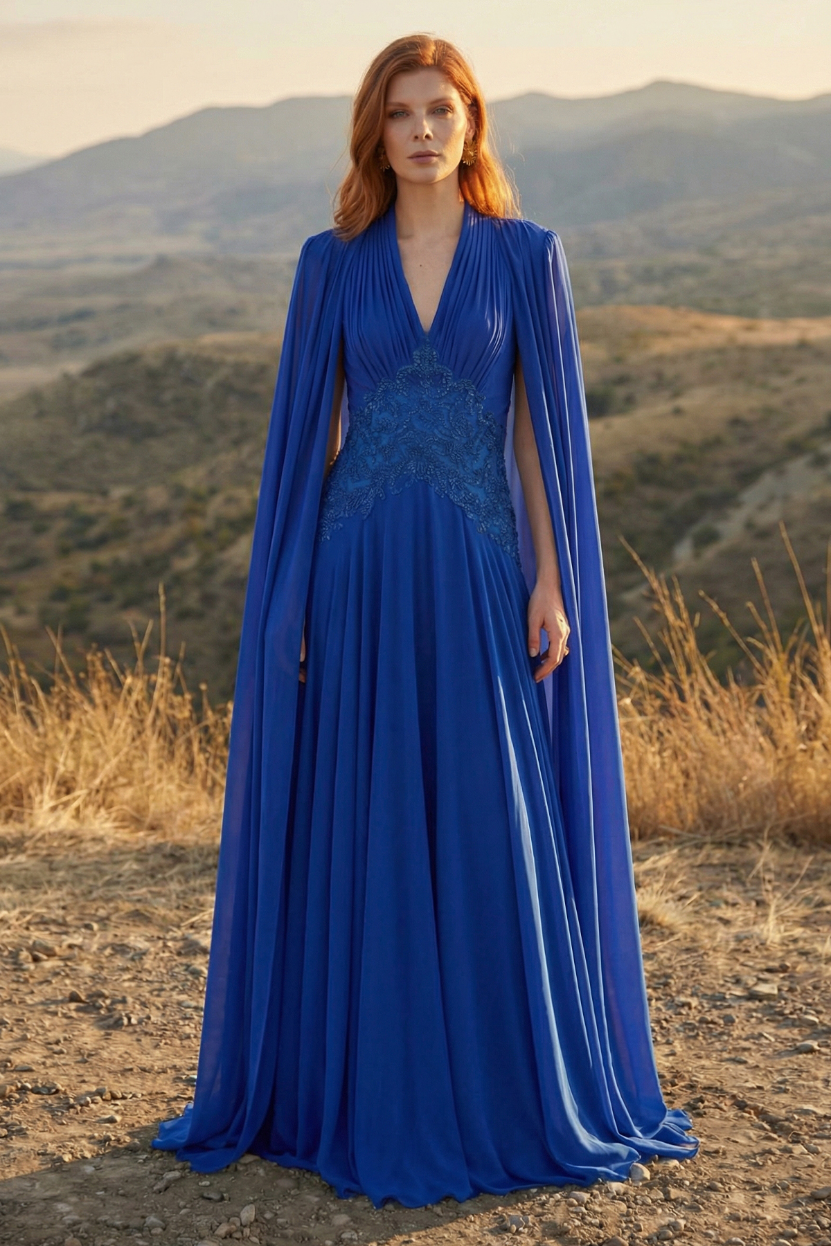 COLOR EMBROIDERED LACE AND GEORGETTE V-NECK A-LINE GOWN WITH SWEEPING CAPE