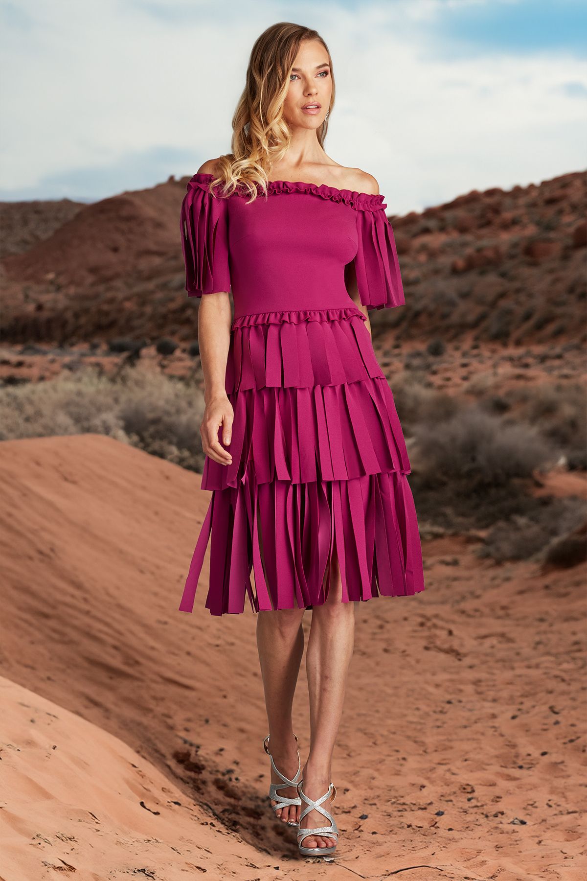 COLOR FRINGE CUT TEXTURED CREPE OFF-THE-SHOULDER DRESS