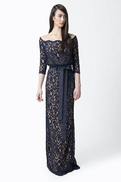 Lace Off Shoulder ¾ Sleeve Gown in China Blue