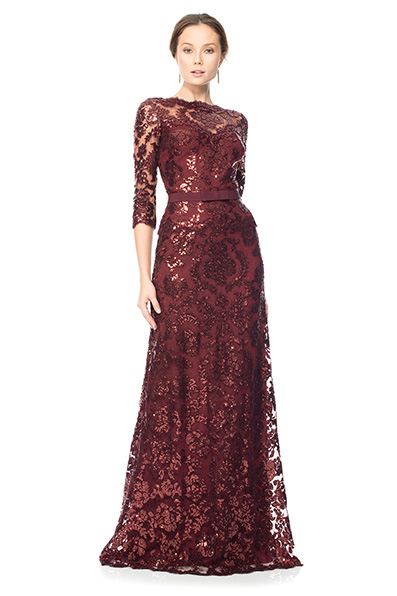 Paillette Embroidered Lace ¾ Sleeve Gown