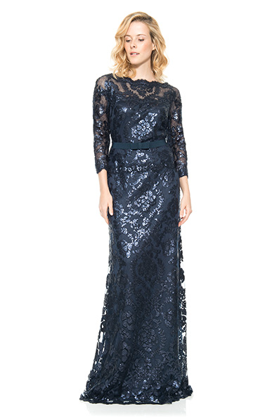 Paillette Embroidered Lace ¾ Sleeve Gown