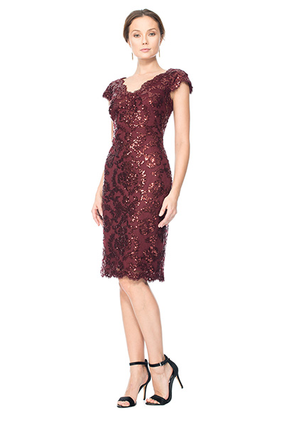 Paillette Embroidered Lace V-Neck Cap Sleeve Dress