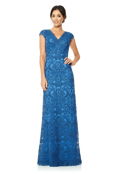 Metallic Corded Embroidery on Tulle V-Neck Gown