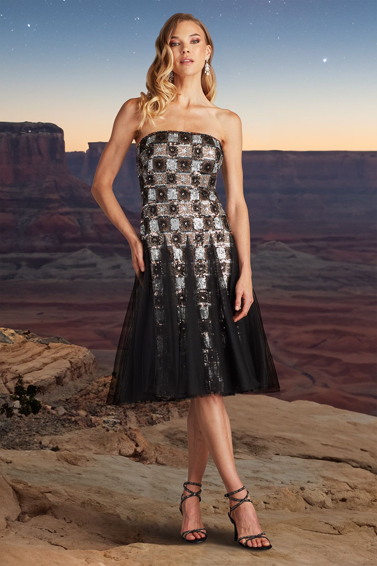 BLACK/MULTI PAILLETTE EMBROIDERED TULLE STRAPLESS DRESS